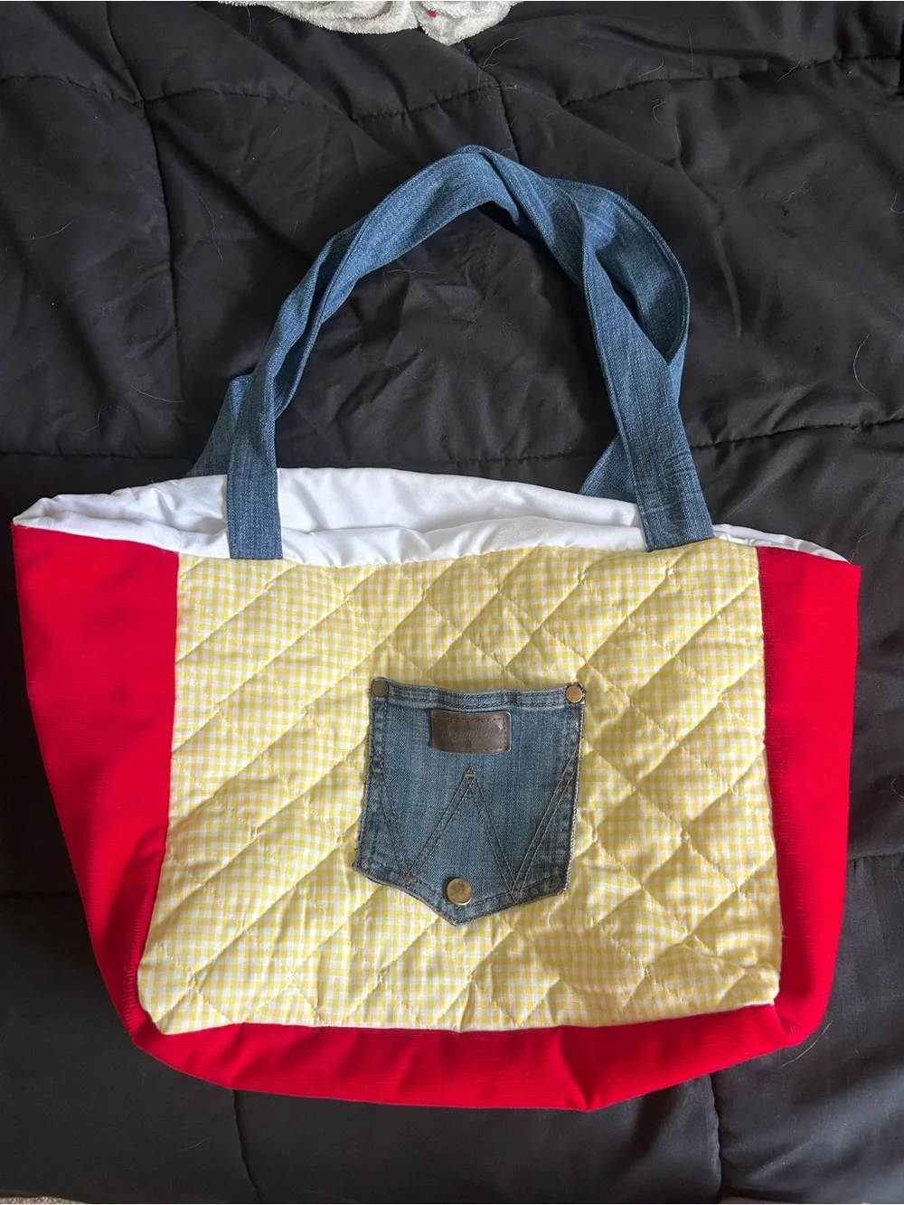 Casual Quilted Tote Bag with Denim Pocket - Red, Yellow, Teal
